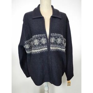 Cherokee 100% Wool Nordic Fair Isle Zip Up Cardigan Sweater Size XL Navy